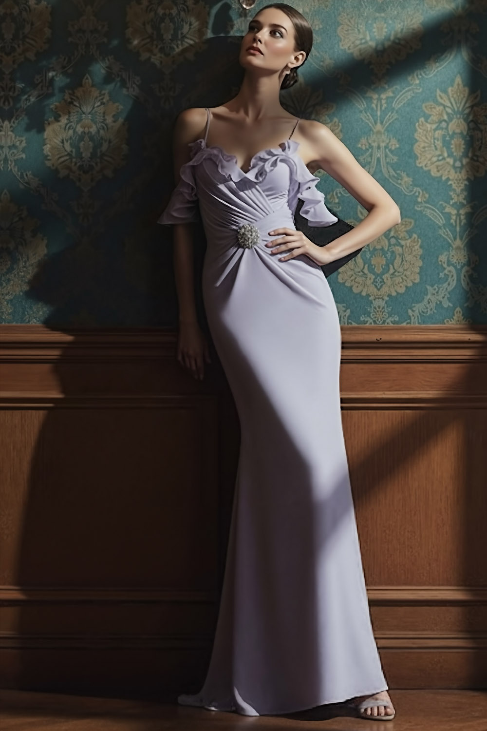 Lilac Formal Evening Dress Cold Shoulder Chiffon Maxi Dress with Ruffle