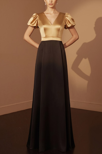 Golden Formal Evening Dress V-Neck Puff Sleeve Satin Maxi Dress 