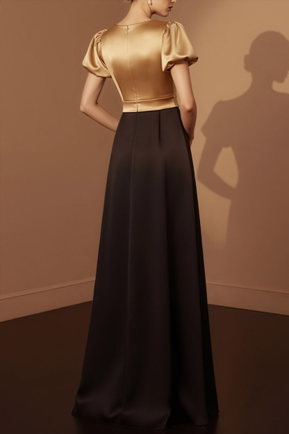 Golden Formal Evening Dress V-Neck Puff Sleeve Satin Maxi Dress 