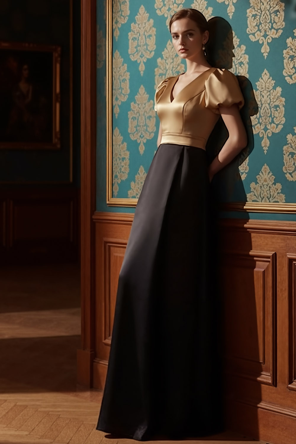 Golden Formal Evening Dress V-Neck Puff Sleeve Satin Maxi Dress