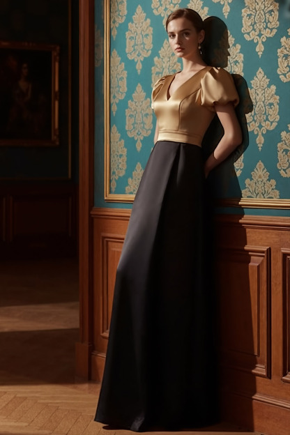 Golden Formal Evening Dress V-Neck Puff Sleeve Satin Maxi Dress 