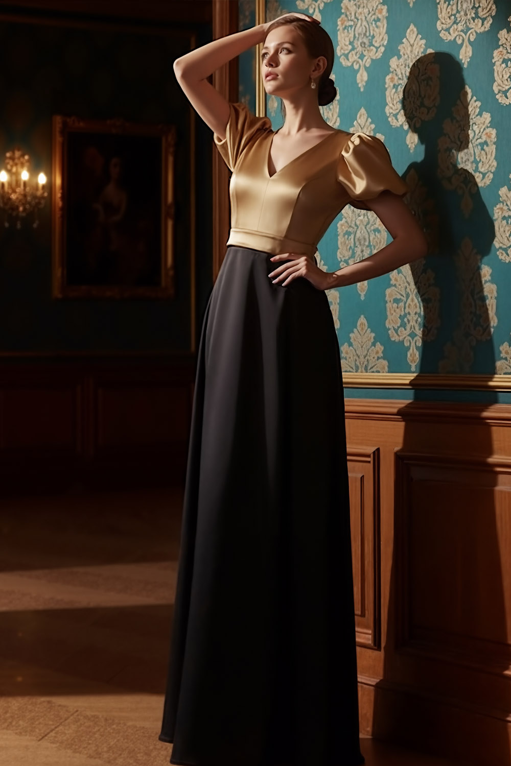 Golden Formal Evening Dress V-Neck Puff Sleeve Satin Maxi Dress 