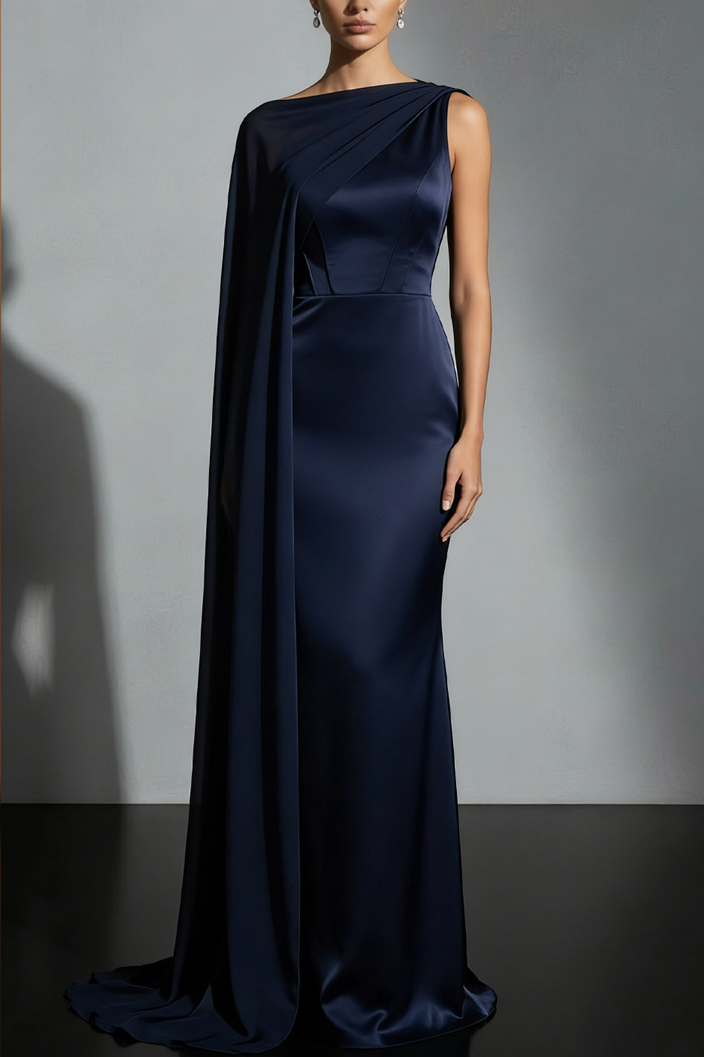 Navy Formal Evening Dress Crew Neck Satin Maxi Dress with Cape