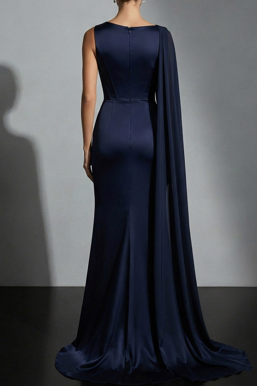 Navy Formal Evening Dress Crew Neck Satin Maxi Dress with Cape