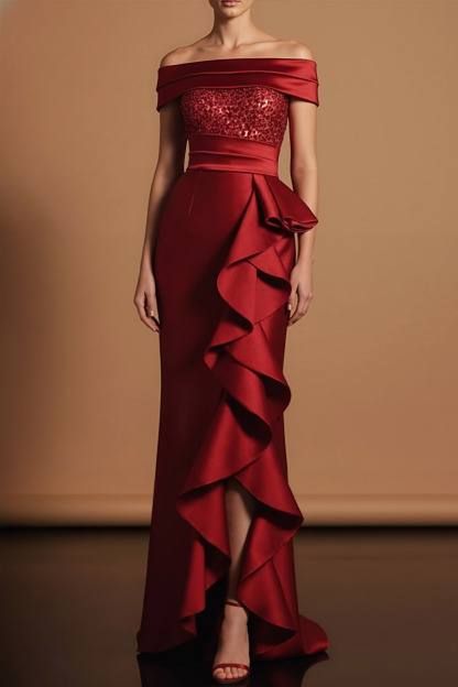 Red Formal Party Dress Off the Shoulder Satin Maxi Dress with Ruffle