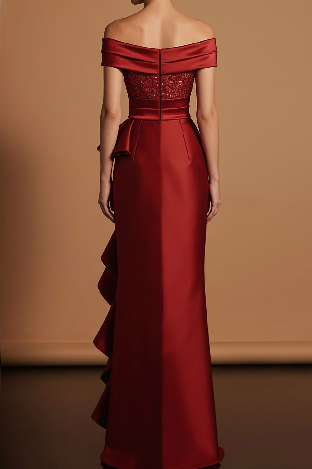 Red Formal Party Dress Off the Shoulder Satin Maxi Dress with Ruffle