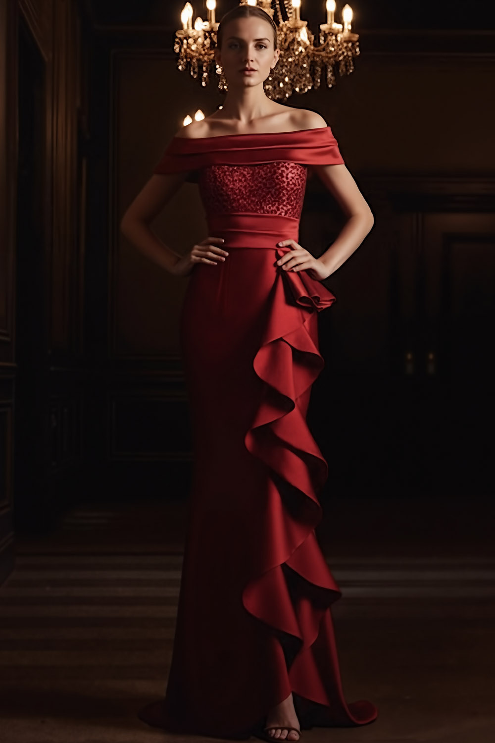 Red Formal Party Dress Off the Shoulder Satin Maxi Dress with Ruffle