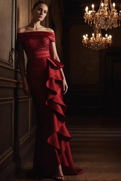 Red Formal Party Dress Off the Shoulder Satin Maxi Dress with Ruffle