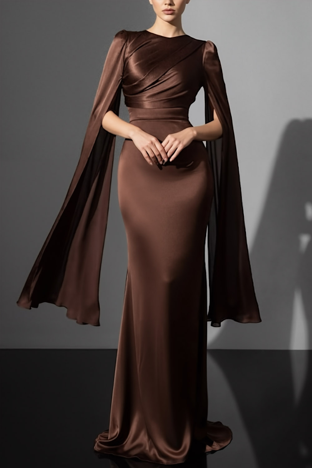 Brown Evening Formal Dress Round Neck Satin Maxi Dress with Cape