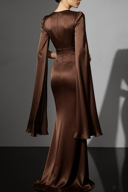 Brown Evening Formal Dress Round Neck Satin Maxi Dress with Cape