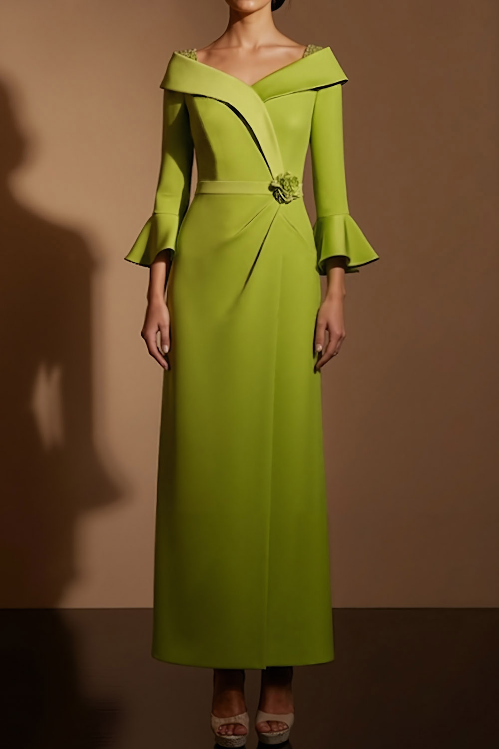 Mustard Green Formal Evening Dress Off the Shoulder Maxi Dress