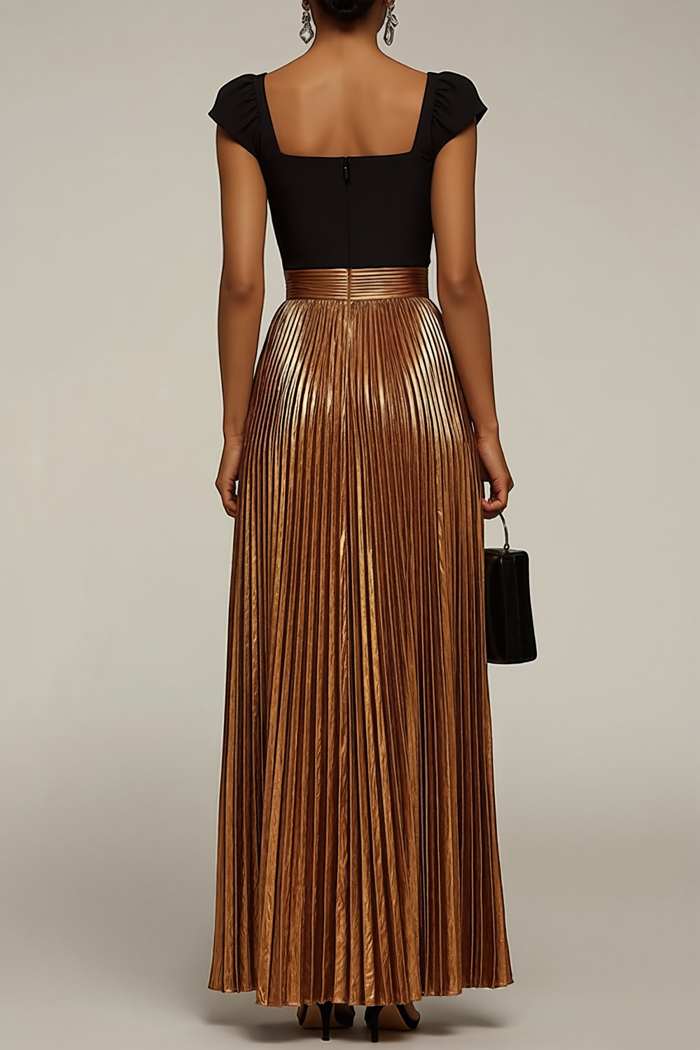 Golden Formal Party Dress Square Neck Metallic Satin Maxi Dress with Slit