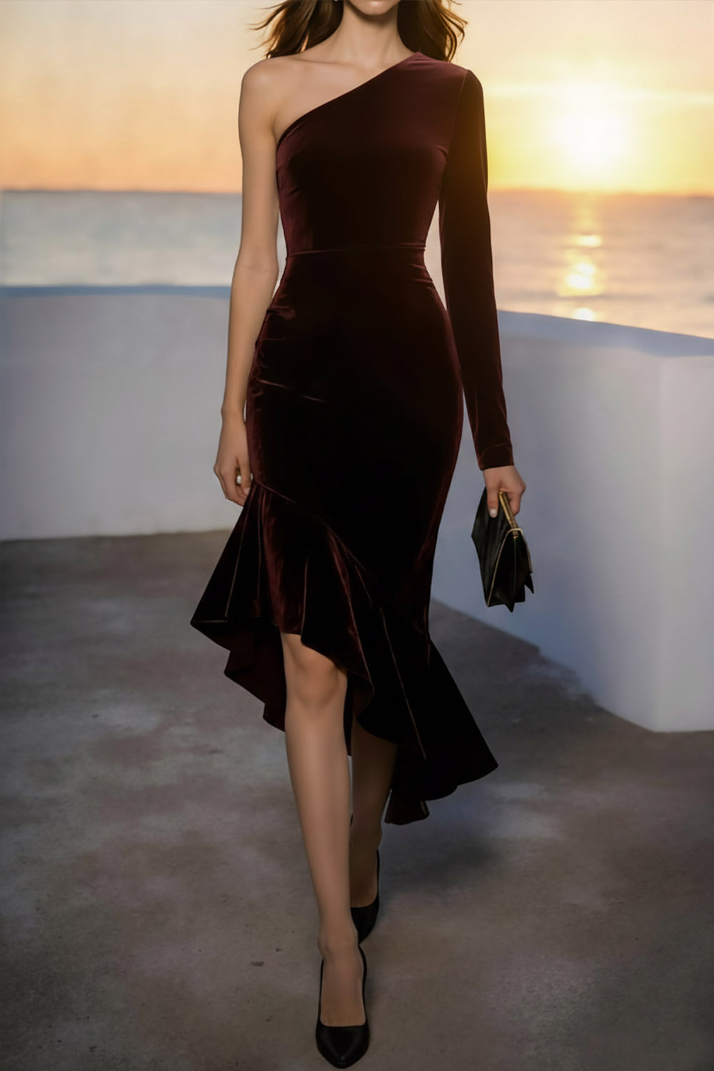 Burgundy Evening Formal Dress Mermaid One Shoulder Asymmetrical Dress
