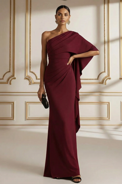 Emerald Green Formal Evening Dress One Shoulder Maxi Dress with Cape