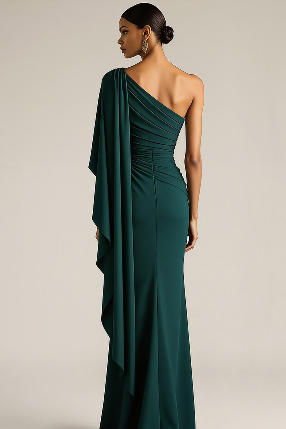 Emerald Green Formal Evening Dress One Shoulder Maxi Dress with Cape