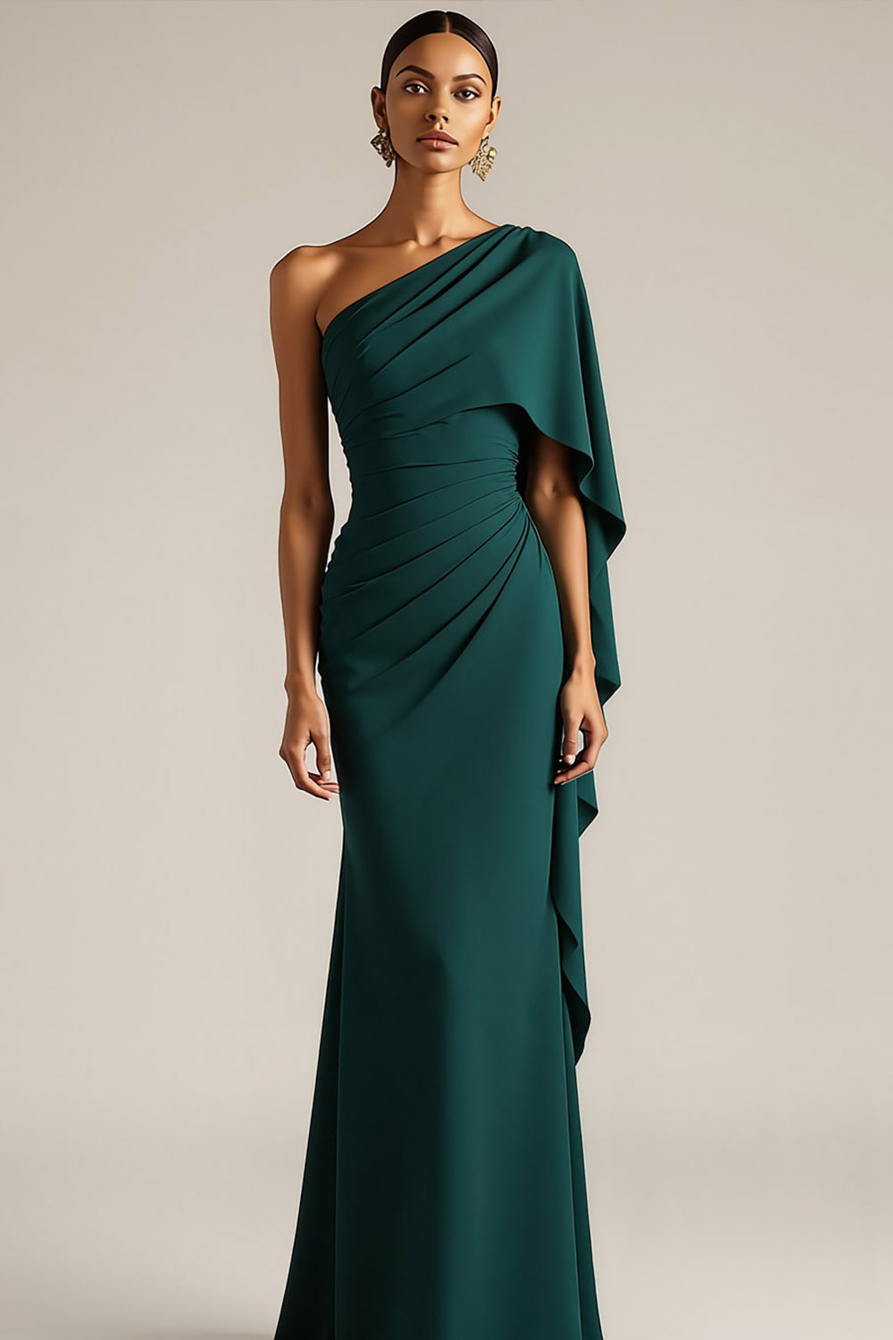 Emerald Green Formal Evening Dress One Shoulder Maxi Dress with Cape