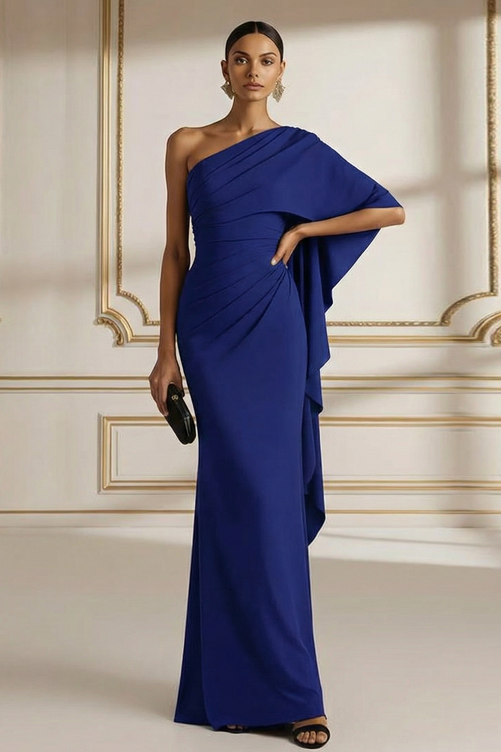 Emerald Green Formal Evening Dress One Shoulder Maxi Dress with Cape