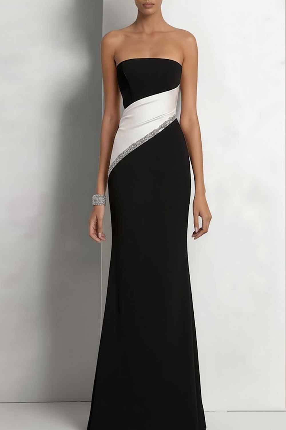 Black Formal Evening Dress Sheath Strapless Splicing Maxi Dress