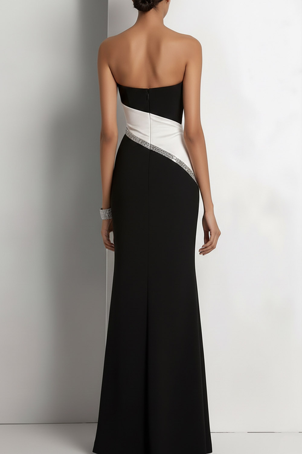 Black Formal Evening Dress Sheath Strapless Splicing Maxi Dress 