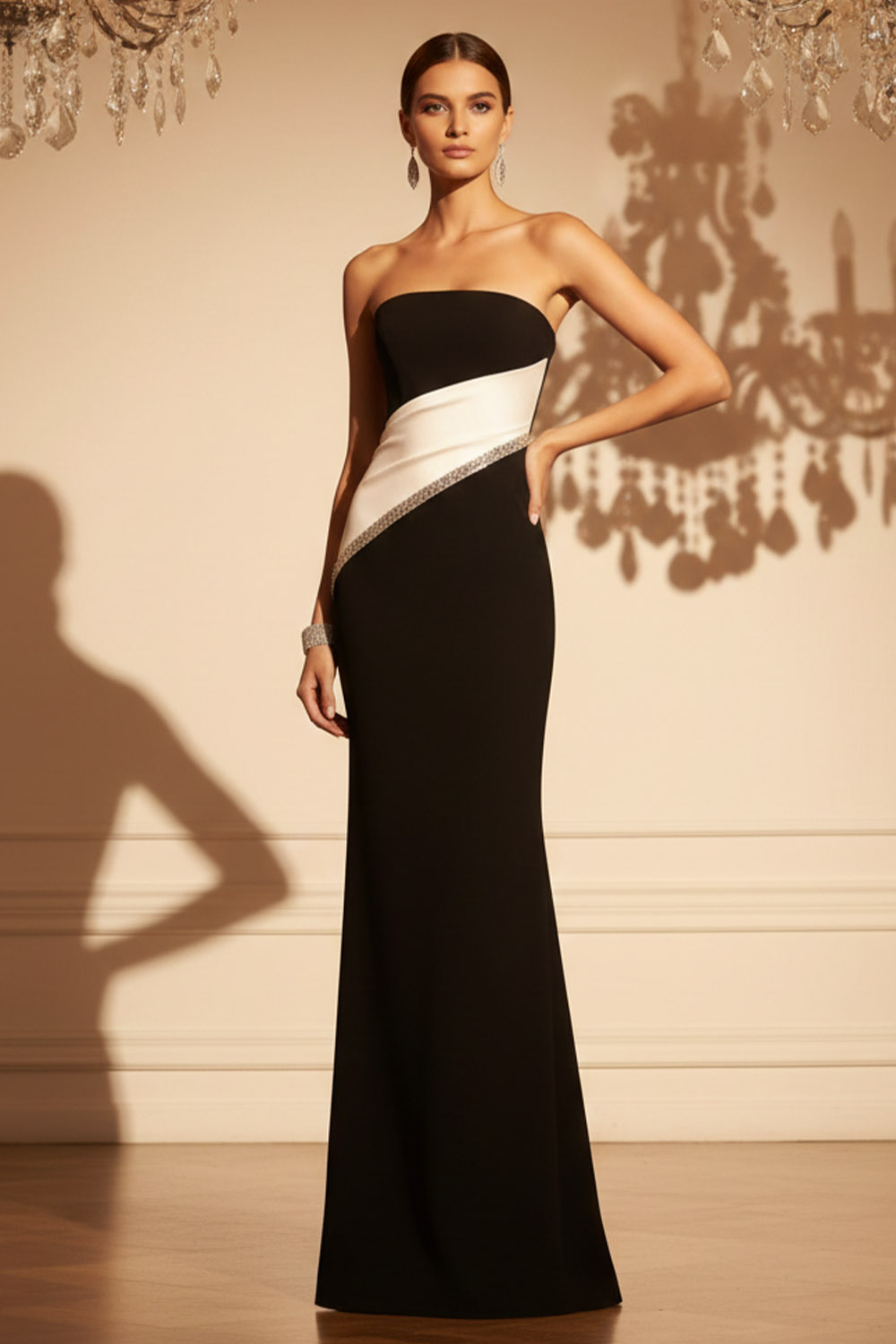 Black Formal Evening Dress Sheath Strapless Splicing Maxi Dress 