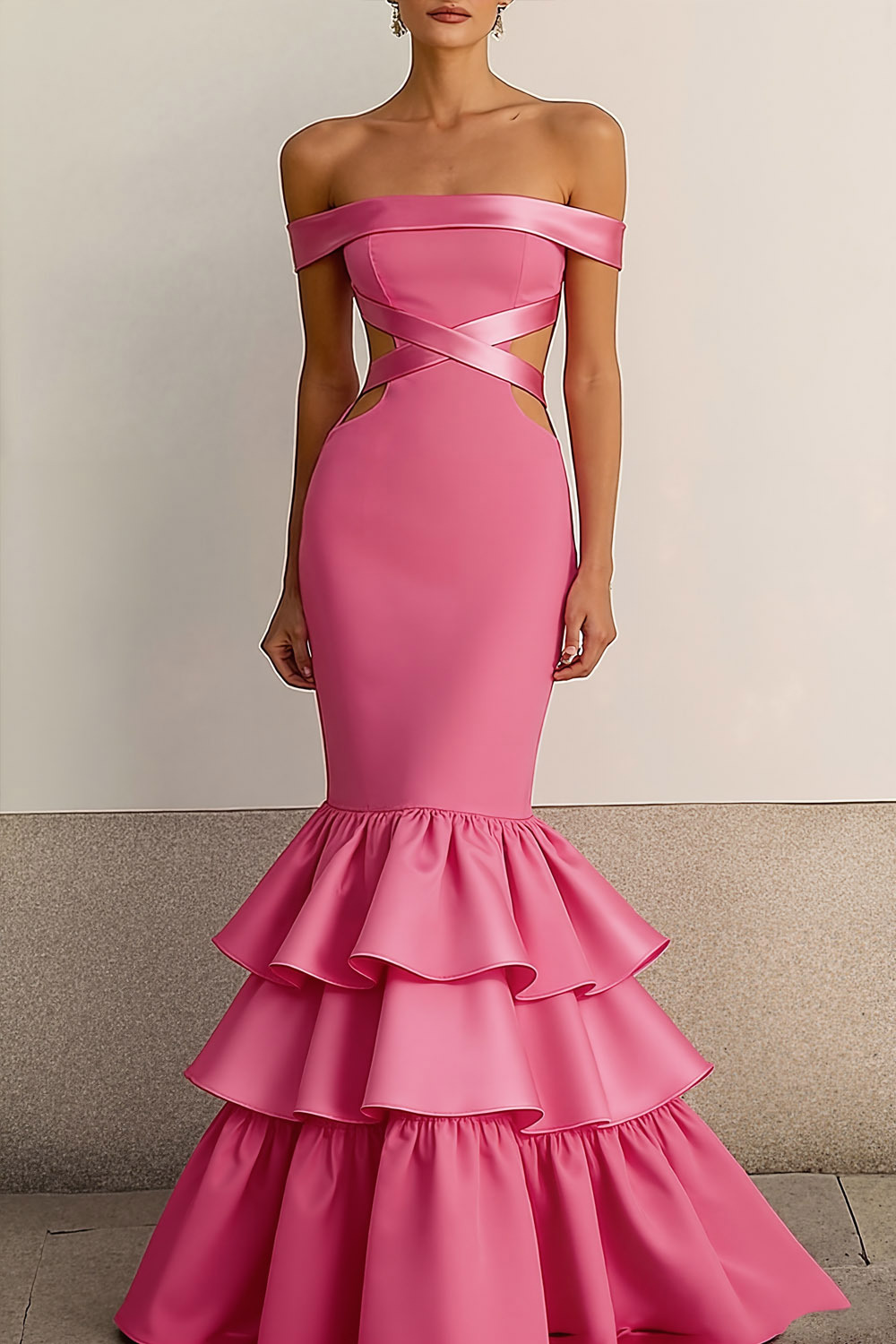 Fuchsia Formal Evening Dress Mermaid Off the Shoulder Tiered Maxi Dress