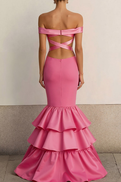 Fuchsia Formal Evening Dress Mermaid Off the Shoulder Tiered Maxi Dress 
