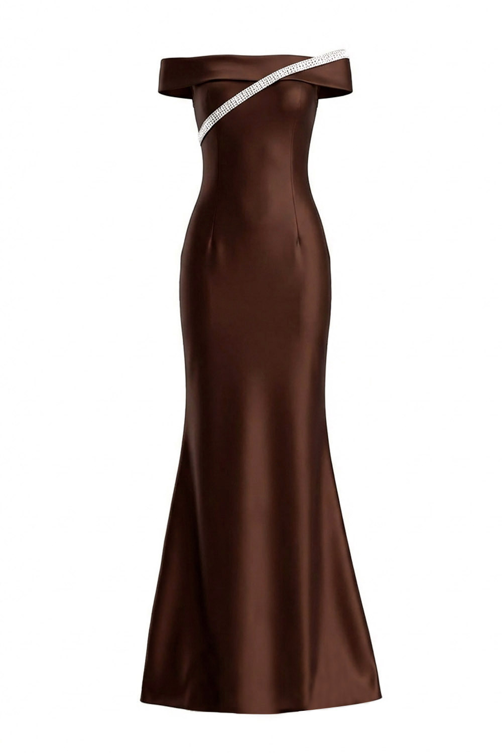 Brown Evening Formal Dress Off the Shoulder Satin Beaded Maxi Dress