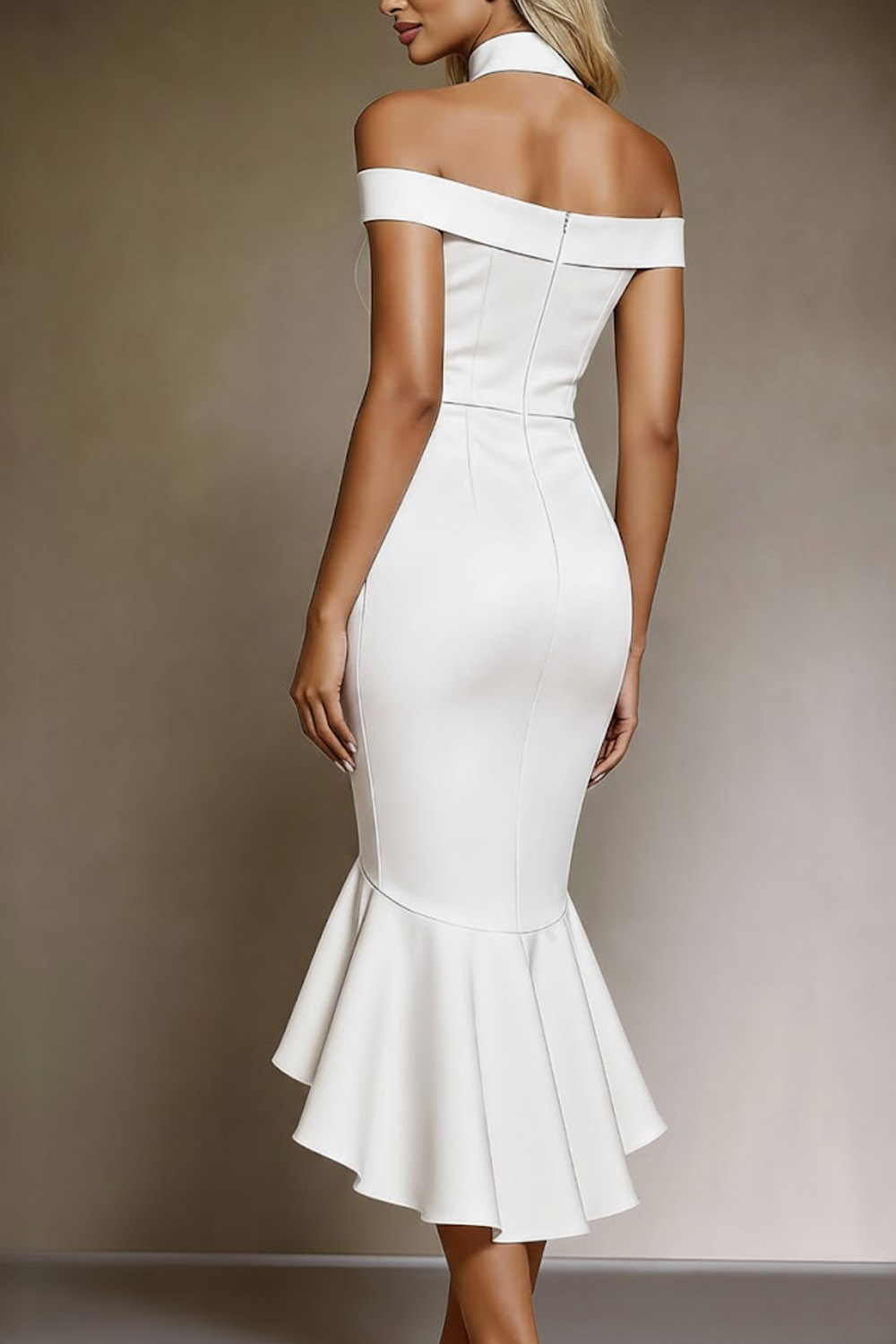 White Evening Formal Dress Mermaid Cold Shoulder High-Low Dress