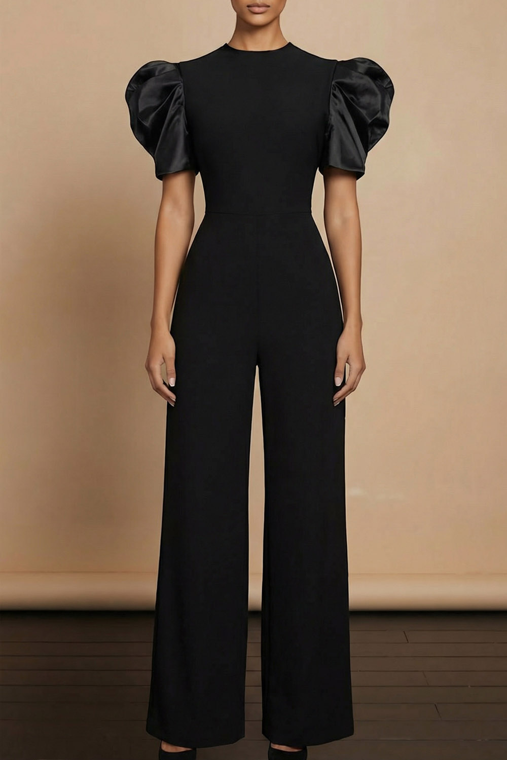 Black Formal Jumpsuit Round Neck Puff Sleeve Jumpsuit 