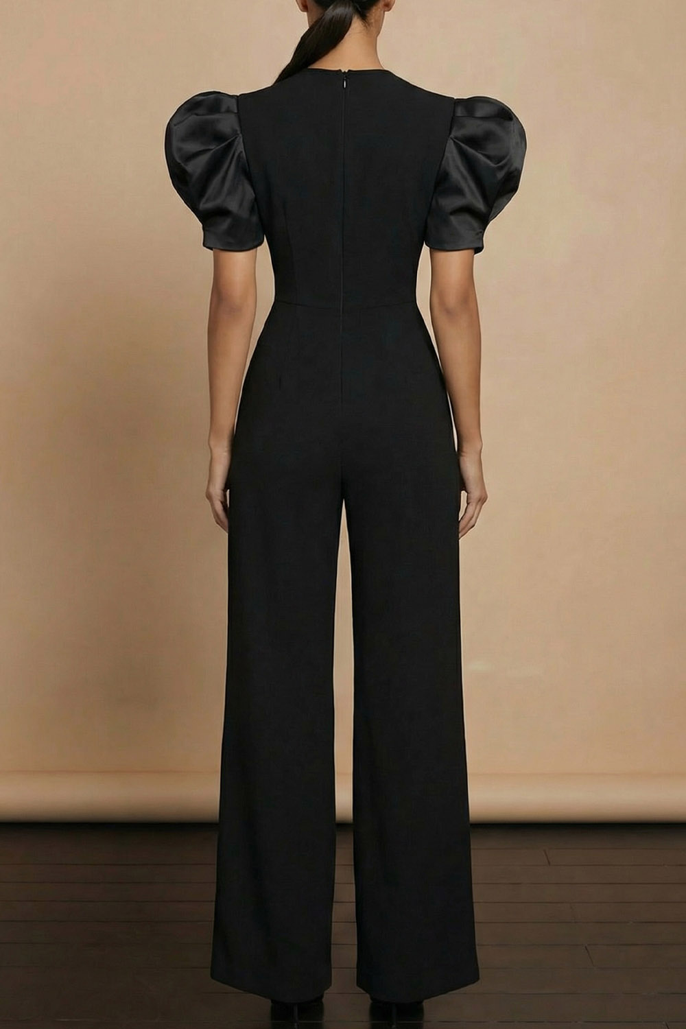 Black Formal Jumpsuit Round Neck Puff Sleeve Jumpsuit 
