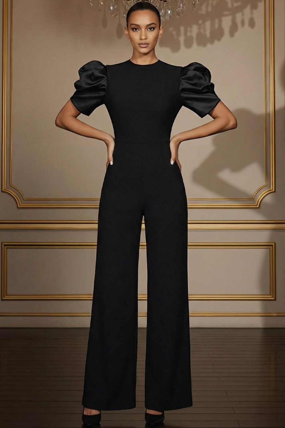 Black Formal Jumpsuit Round Neck Puff Sleeve Jumpsuit 
