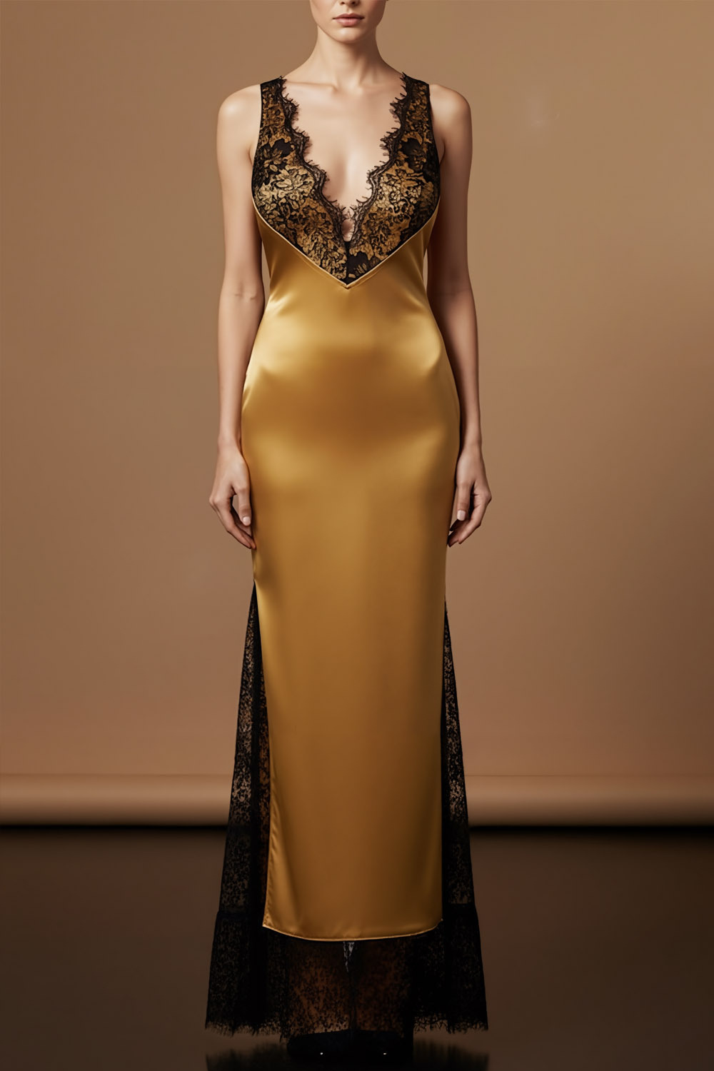 Golden Formal Evening Dress V-Neck Satin Maxi Dress with Lace