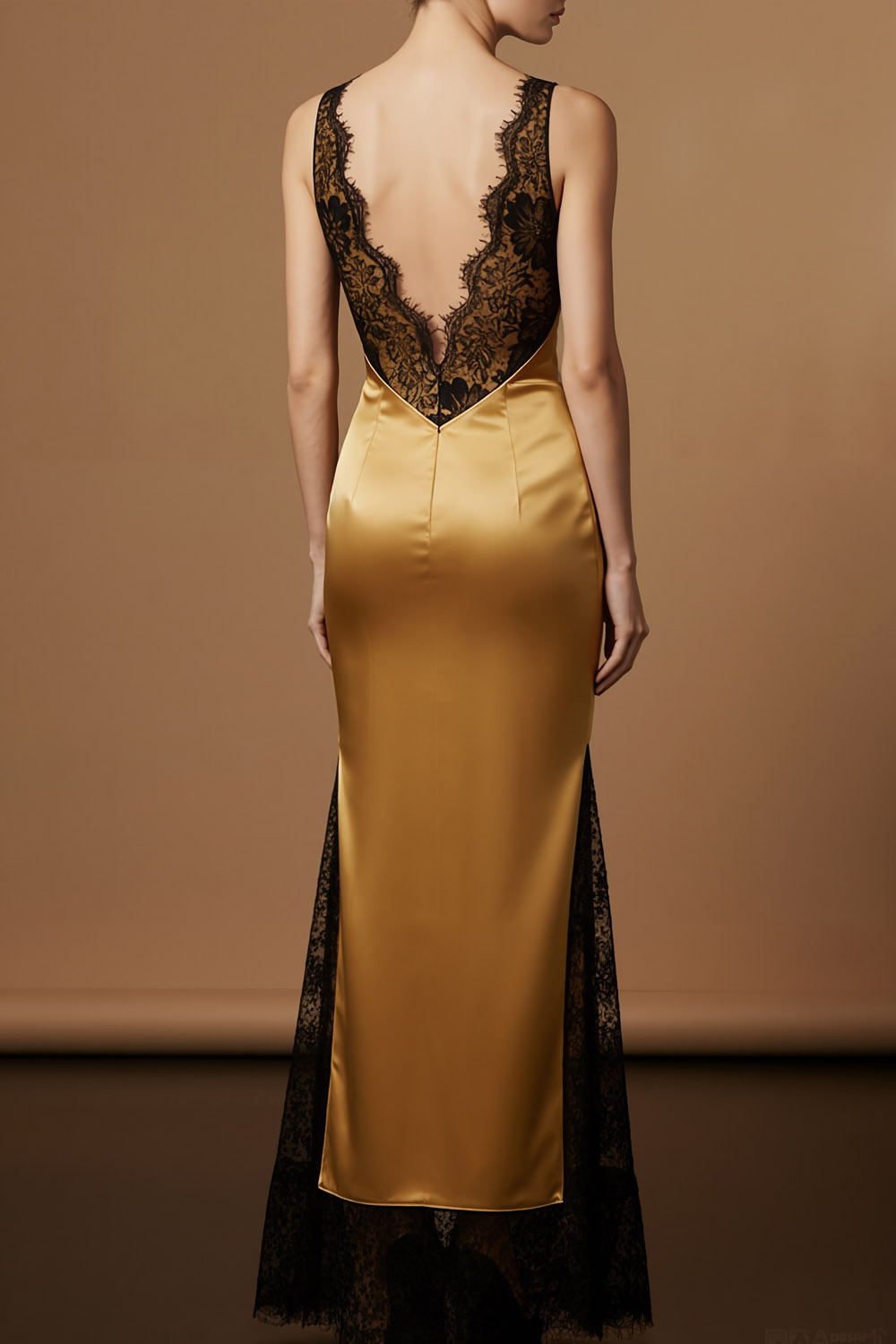 Golden Formal Evening Dress V-Neck Satin Maxi Dress with Lace