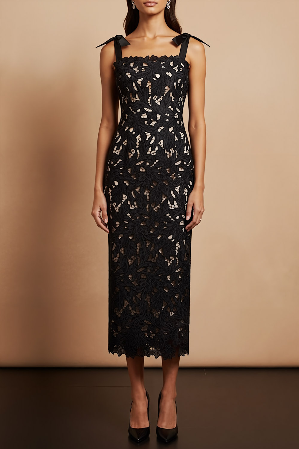 Black Formal Evening Dress Sheath Straps Lace Midi Dress 