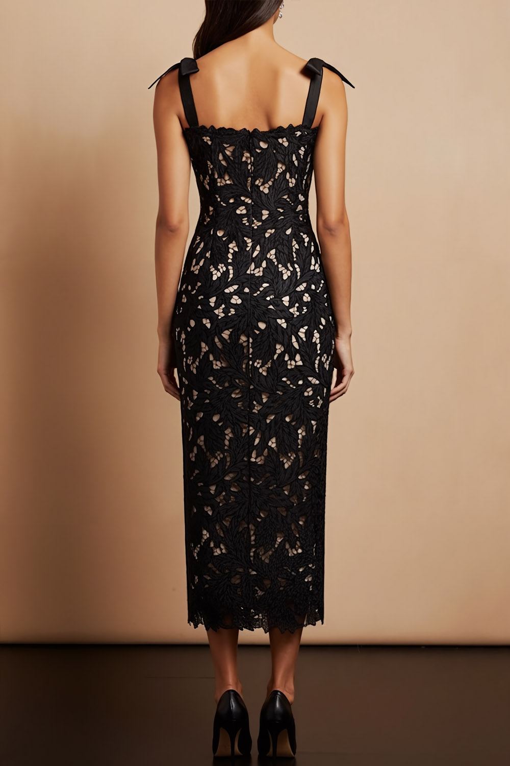 Black Formal Evening Dress Sheath Straps Lace Midi Dress 