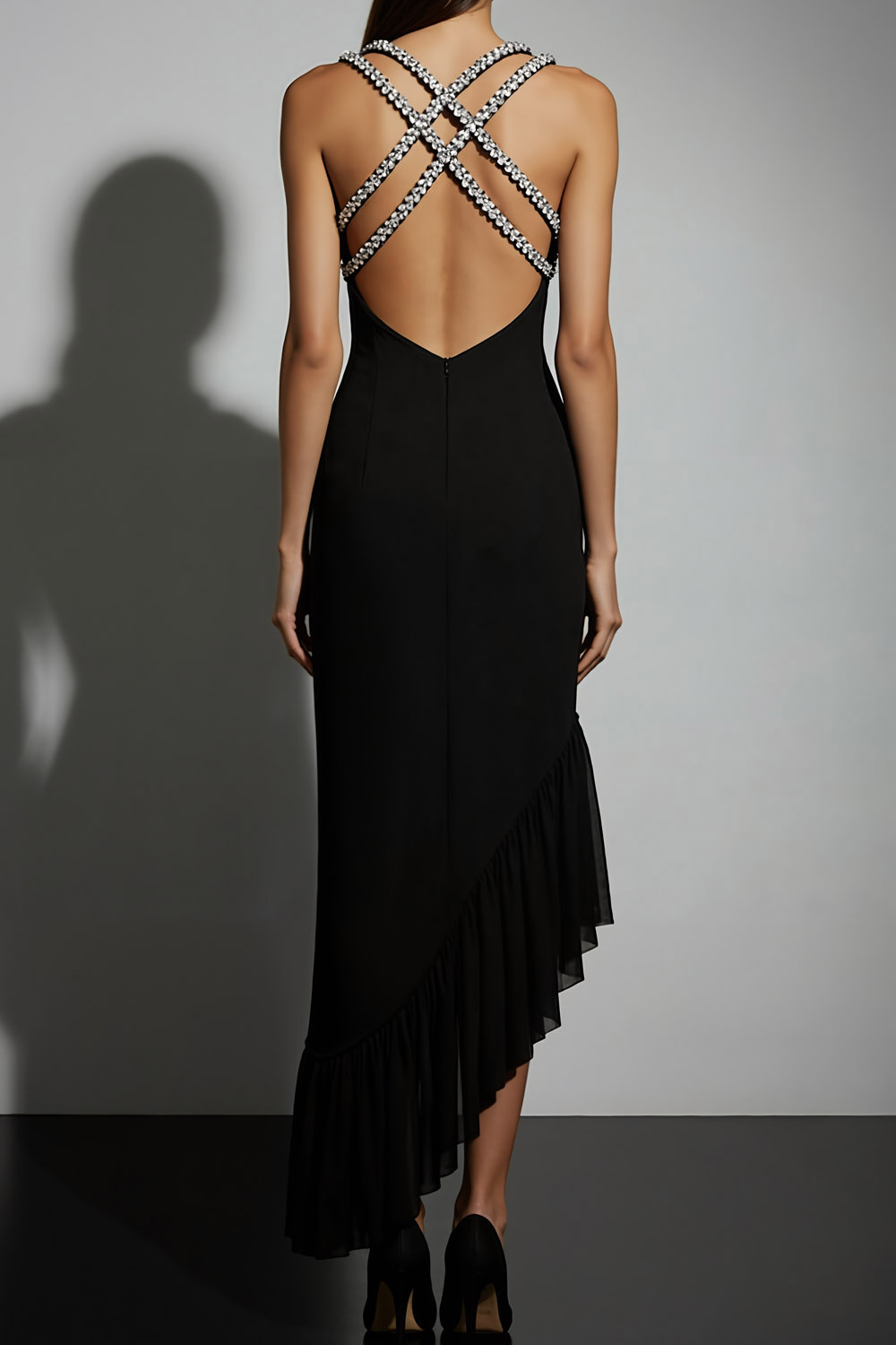 Black Formal Party Dress Criss Cross Halter Asymmetrical Dress