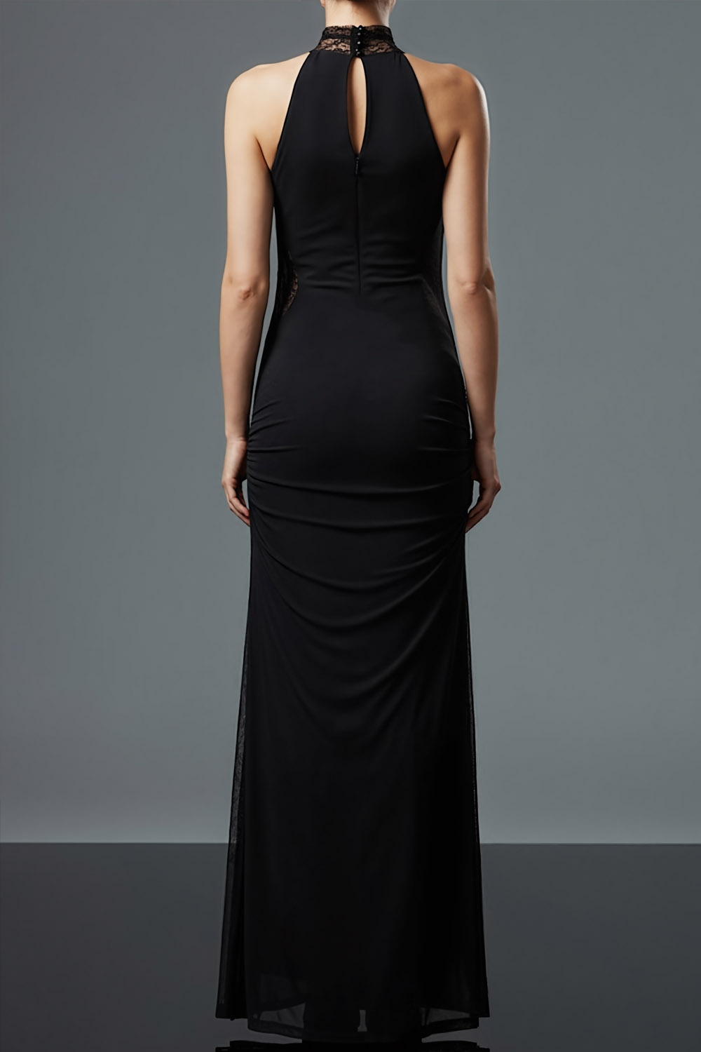 Black Formal Evening Dress Cowl Neck Maxi Dress with Lace