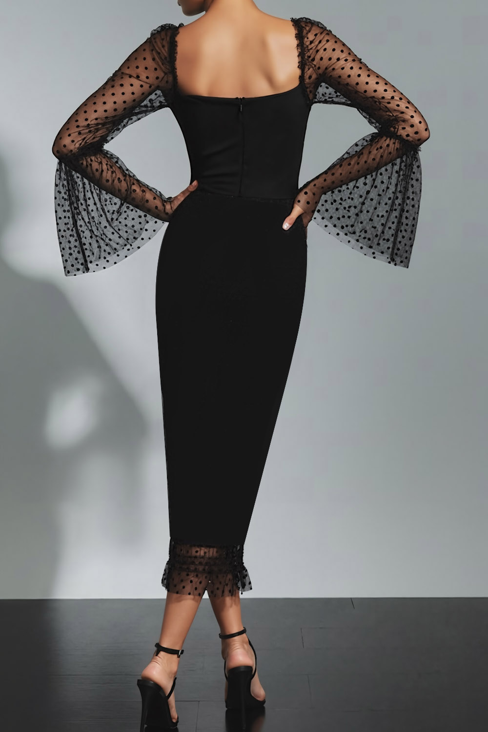 Black Formal Dress Bodycon Square Neck Long Sleeve Midi Dress 