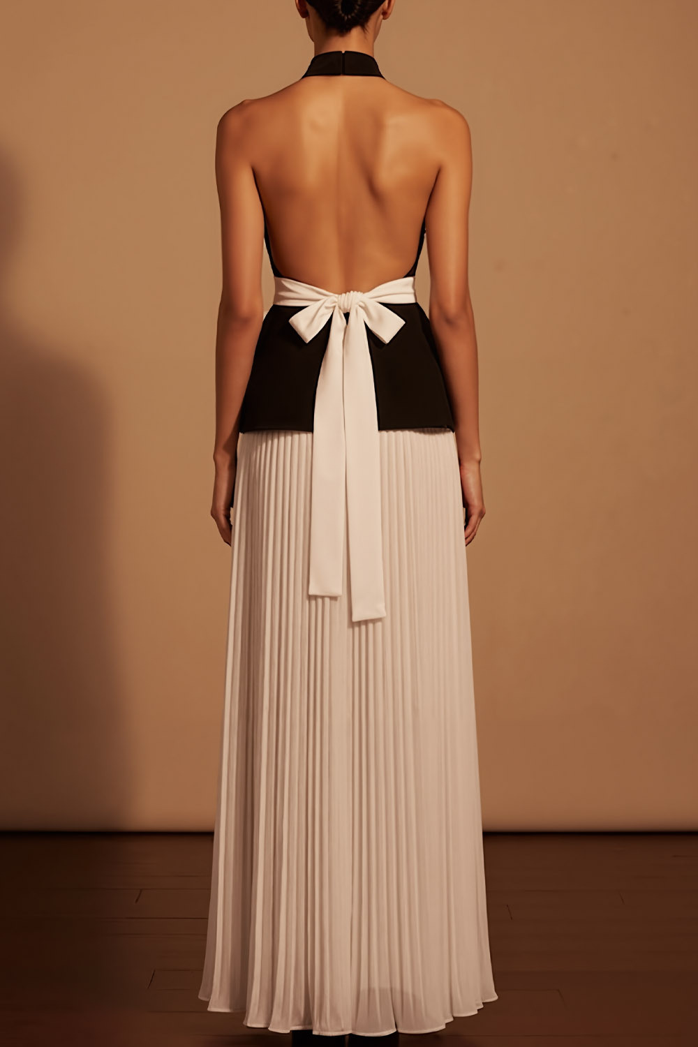 Black Formal Evening Dress A-Line Halter Pleated Belted Maxi Dress 