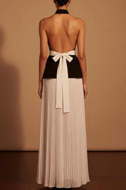 Black Formal Evening Dress A-Line Halter Pleated Belted Maxi Dress 
