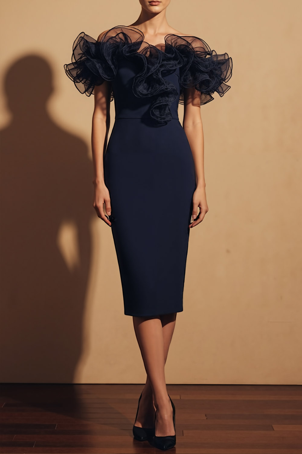 Navy Formal Dress Bodycon Off the Shoulder 3D Flower Midi Dress