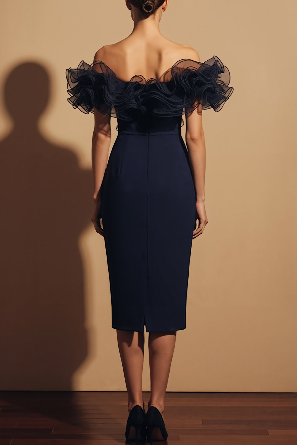 Navy Formal Dress Bodycon Off the Shoulder 3D Flower Midi Dress 