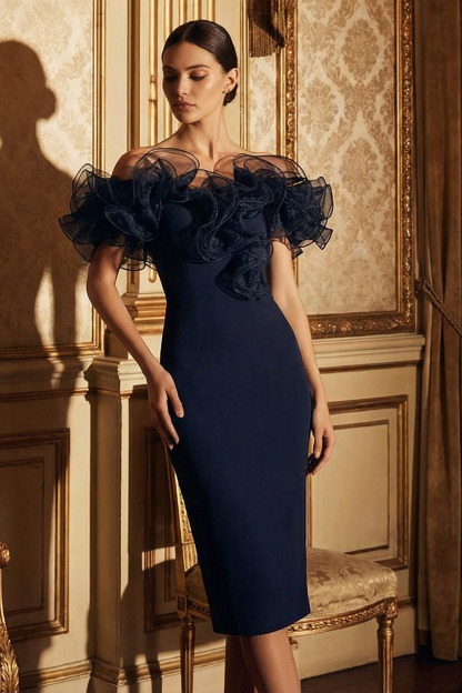 Navy Formal Dress Bodycon Off the Shoulder 3D Flower Midi Dress 