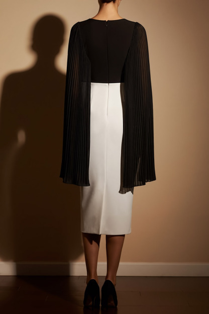 Black Formal Dress Bodycon Round Neck Midi Dress with Cape