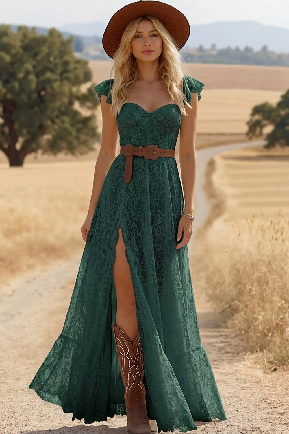 Boho Lace Dress Navy Short Sleeve High Slit Maxi Dress