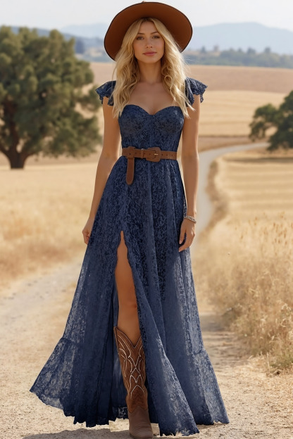 Boho Lace Dress Navy Straps Belted High Slit Maxi Dress