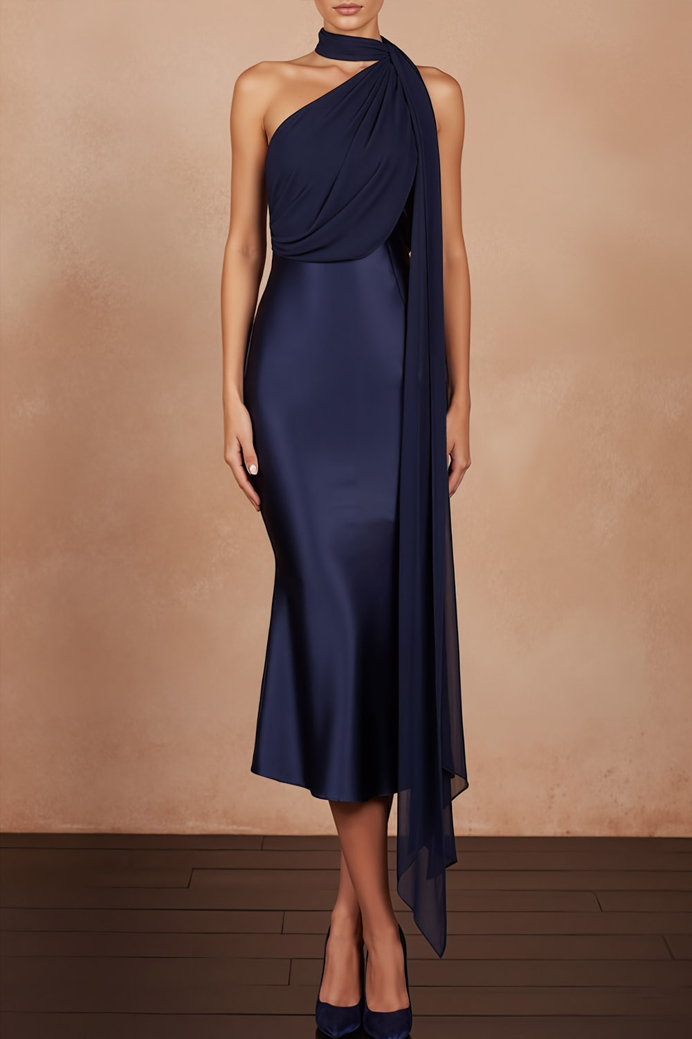 Navy Evening Formal Dress Mermaid Strapless Satin Midi Dress with Scarf