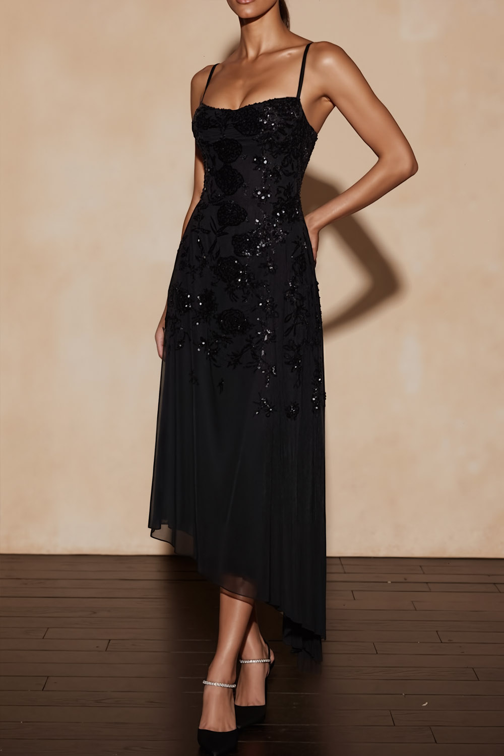 Black Formal Party Dress Spaghetti Straps Chiffon Asymmetrical Dress with Sequin