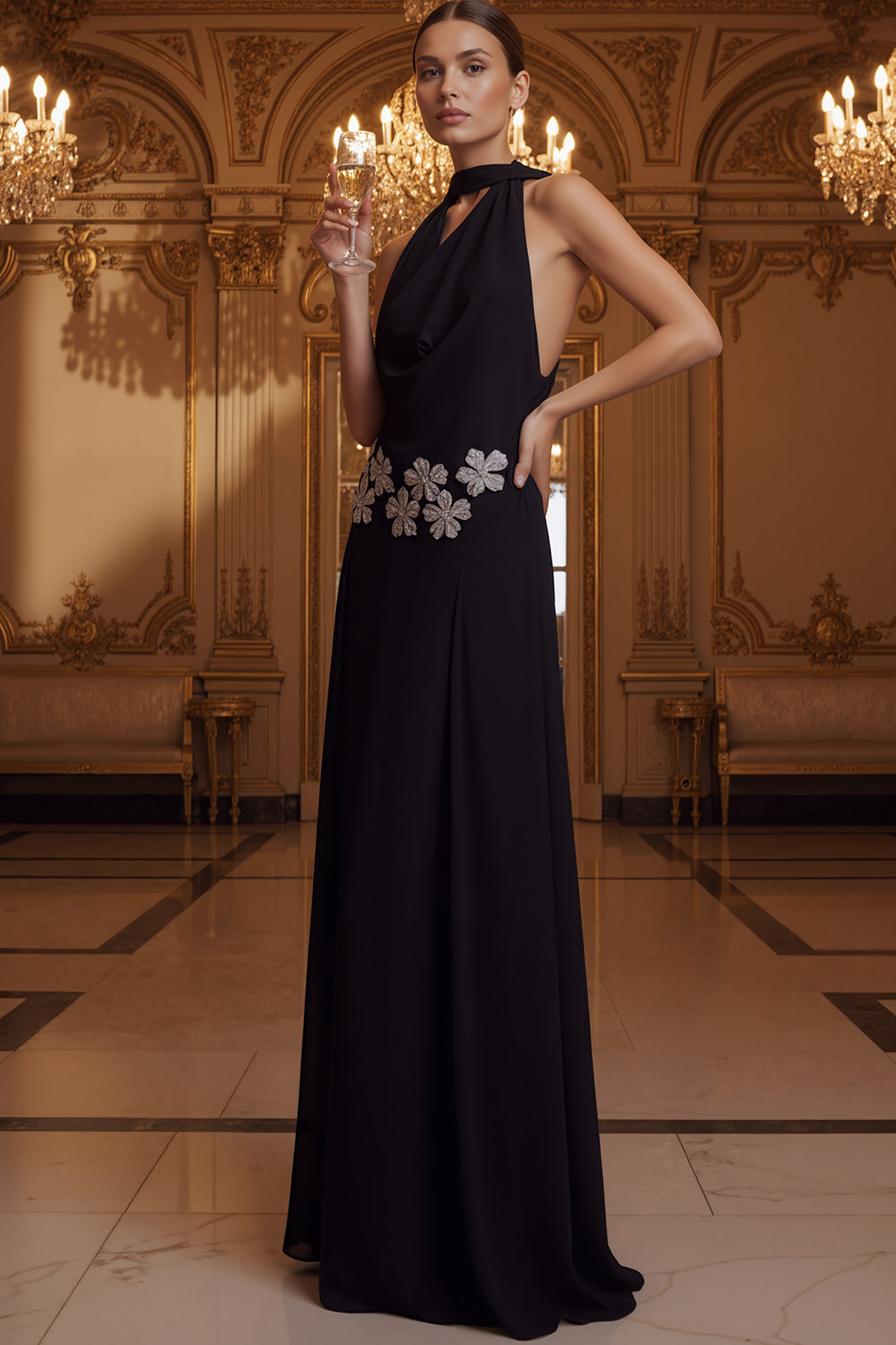 Black Formal Evening Dress Cowl Neck Chiffon Maxi Dress with Appliques