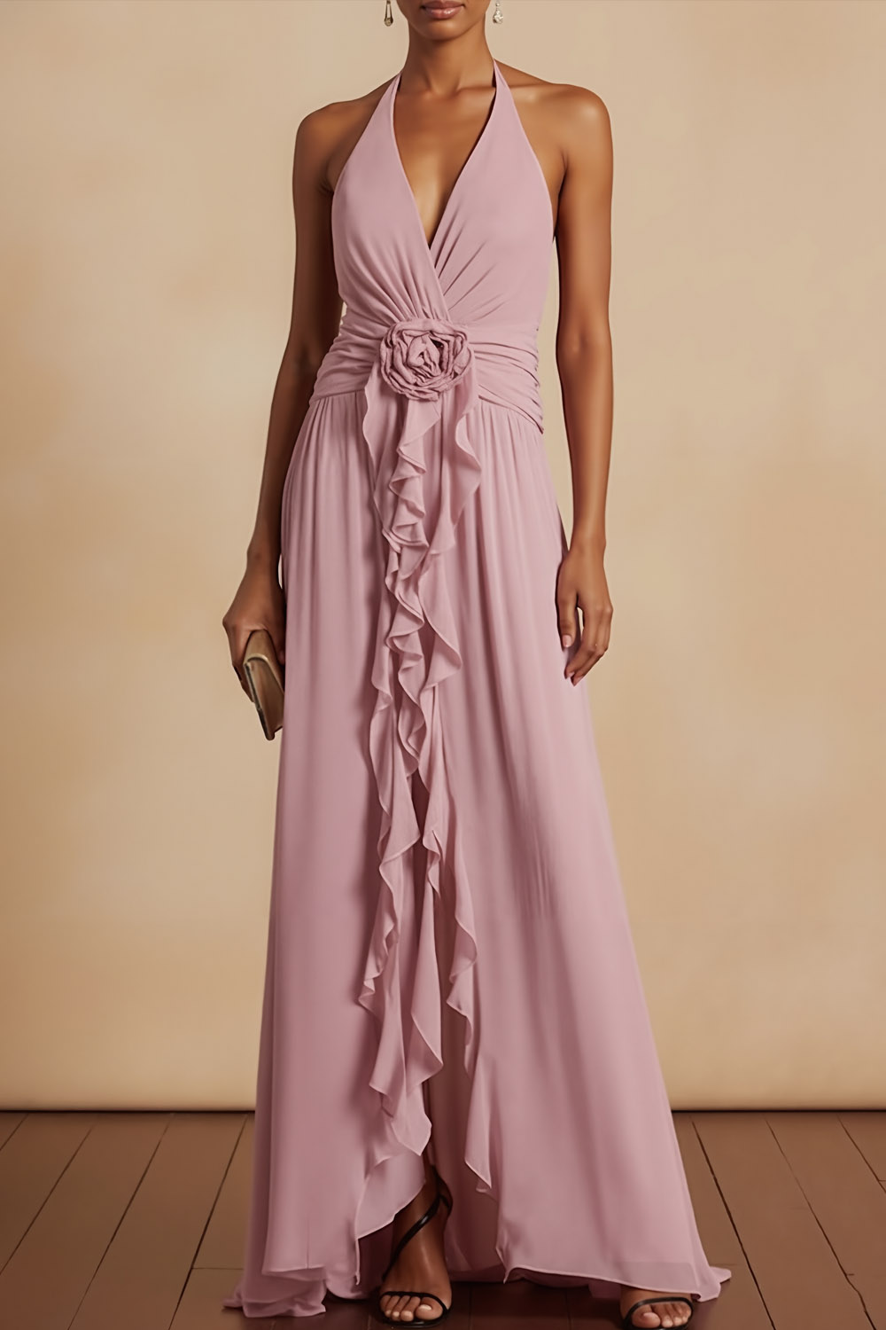 Pink Formal Evening Dress Halter Chiffon Maxi Dress with Ruffles